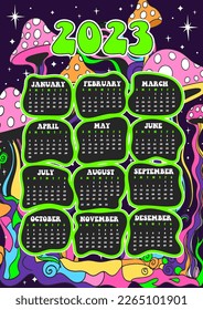 cartoon 2023 year Calendar. Creative psychedelic vector poster