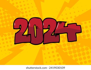 Cartoon 2024 explosion sign, comic book New Year. Retro vector comics pop art design.