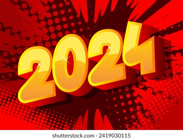 Cartoon 2024 explosion sign, comic book New Year. Retro vector comics pop art design.
