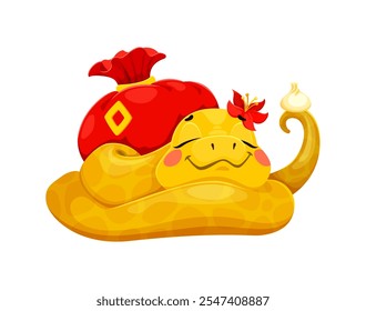 Cartoon 2025 lunar year cute snake peacefully sleeping, curls next to the red money sack, holding a dumpling on its tail. Vector golden Chinese zodiac horoscope animal reptile adorned with red flowers