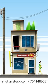 Cartoon 24-hour Convenience Store. Outside View. The Buyer Goes Shopping