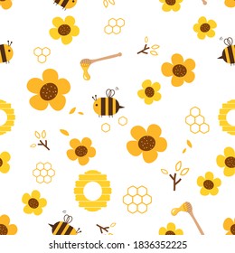Seamless​ ​pattern​ with​ bee​ cartoon, flower​ and​ beehive​ on​ ​white​  background​ vector​illustration.. 