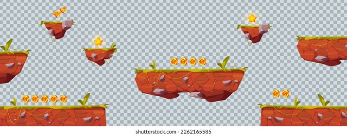 Cartoon 2d vector isolated floating platform asset for game. Transparent background scene for ui animation. Jump level on ground. Flying island with grass illustration. Summer adventure in jungle.