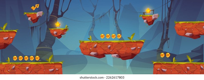 Cartoon 2d vector isolated floating platform asset for game. Forest background scene for ui animation. Jump level on ground. Flying island with grass illustration. Summer adventure in jungle.