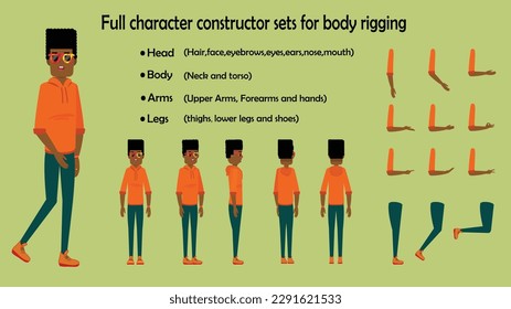 Cartoon 2d young teen man character constructor sets for full body and head rigging design vector