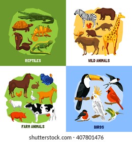 Cartoon 2x2 zoo images of animals sets grouped by reptiles birds wild and farm animals vector illustration