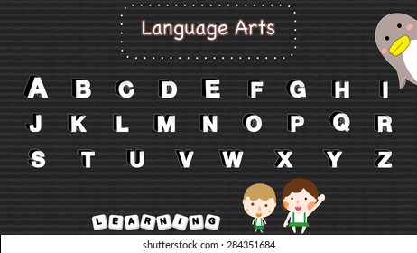 Cartoon 3d abc english alphabet symbol icons set vector, background. Educational language arts word learning game template for kindergarten or elementary school teacher. Student boy and girl character