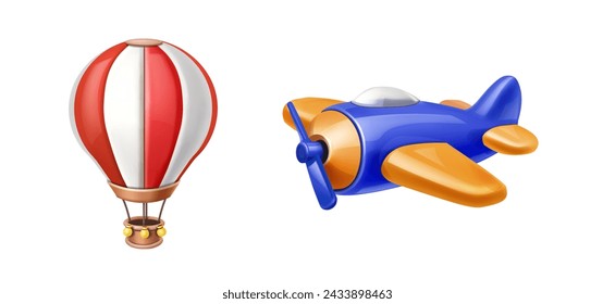 Cartoon 3d air transport. Vector plane and hot air balloon, Airplane and helicopter icons, Aircraft set illustration isolated on white