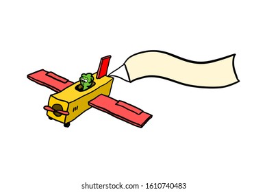 Cartoon 3D airplane with alien and empty banner for custom text. Isolated on white background.