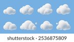 Cartoon 3d clouds. Cumulus bubbled clouds in kids style, white fluffy render objects, rounded geometric cloudy shapes, cute weather element, meteorology icons, cloudscape isolated vector set