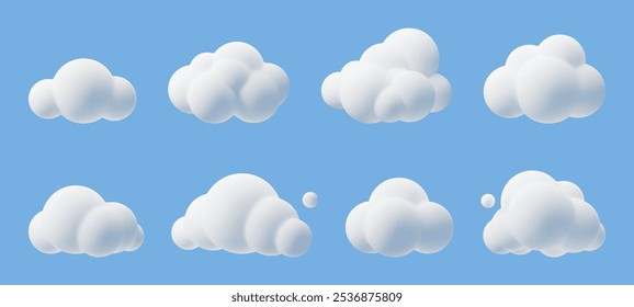 Cartoon 3D Wolken. Cumulus-Wolken im Kinderstil, weiße flauschige Renderobjekte, abgerundete geometrische Wolkenformen, niedliches Wetterelement, Meteorologiesymbole, Wolkenbild, einzelne Vektorgrafik