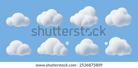 Cartoon 3d clouds. Cumulus bubbled clouds in kids style, white fluffy render objects, rounded geometric cloudy shapes, cute weather element, meteorology icons, cloudscape isolated vector set