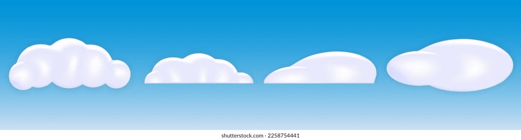 Cartoon 3d clouds on blue sky background. Set of various white fluffy cloud shapes for games, animations, web. Vector illustration