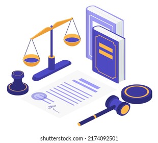 Cartoon 3d concept with courtroom items, mallet hammer of judge lawyer, pen scale balance of justice, judgment books legal court symbol. Isometric justice and law firm isolated vector illustration.