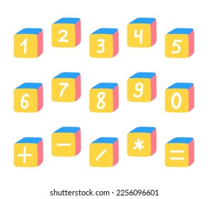 Caricatura 3D lindo cubo números de matemáticas para niños preescolares. Símbolos educativos coloridos vectoriales.
