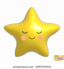 Cartoon 3d cute star sleeping and smiling. High quality vector adorable illustration