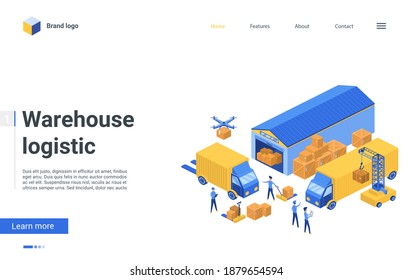 Cartoon 3d design website, landing page with worker characters working in storage of warehousing company, loading boxes on truck van. Isometric warehouse delivery logistic service vector illustration