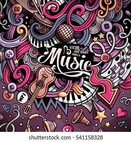 Cartoon 3d doodles Musical illustration. Colorful detailed frame, with lots of objects vector background