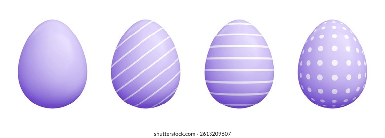 Cartoon 3d Easter egg set - purple solid oval shapes decorated striped diagonal lines, cute polka dots patterns, drawing geometric graphic style vector illustration for spring holidays greeting cards