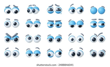 Cartoon 3d eyes. Funny comic eyeballs different emotions. Cry happy surprised angry sad feelings. Unisex eye expressions, pithy vector collection