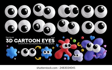 Dibujos animados 3D ojos. Ojos brillantes para el personaje que mira hacia adelante y hacia los lados. Vector conjunto de diferentes gráficos oculares