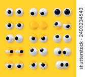 Cartoon 3d eyes toys eyeballs eyelids funny eyesight pair set realistic vector illustration. Vision pupil plaything looking cheerful comic animal humor mascot bizarre alien character face expression