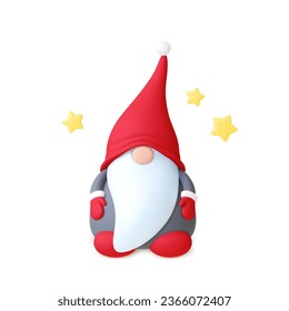 Cartoon 3d gnome character. Isolated realistic render christmas dwarf design. Magic person with beard in red cap and stars around, fairy tale vector element