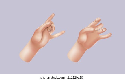 Cartoon 3d hands. Realistic vector Hand . Peace sign, ok sign tap, point out hand, high five hand Men and women arms Decoration 3d object isolated. Vector illustration