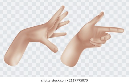 Cartoon 3d hands. Realistic vector Hand . Peace sign, ok sign tap, point out hand, high five hand Men and women arms Decoration 3d object isolated. Vector illustration