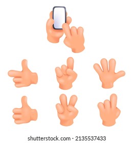 Cartoon 3d hands showing different gestures. Vector set realistic cartoon comic hands.