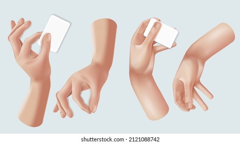 Cartoon 3d hands with white paper. Realistic vector Hand . Peace sign, ok sign tap, point out hand, high five hand Men and women arms Decoration 3d object isolated. Vector illustration