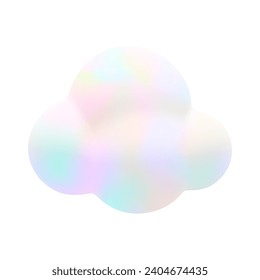 Cartoon 3d holographic fluffy cloud. Vector soft gradient magic cloud on white background. 3d Render fairy pastel bubble shape, round fantasy geometric cumulus illustration for design, game, app.