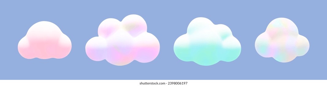 Cartoon 3d holographic fluffy clouds set. Vector soft gradient magic cloud on blue background. 3d Render fairy pastel bubble shape, round fantasy geometric cumulus illustration for design, game, app.