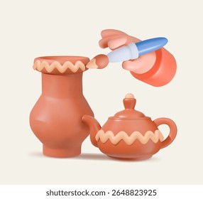 Ilustração 3D de desenho animado de uma mão pintando padrões decorativos em ziguezague em um pote de barro e bule de chá, mostrando criatividade artística.