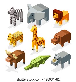 Cartoon 3D Isometric African Animals. Vector Characters Set. Animal Wild Safari, Mammal Giraffe In Wildlife. Animal Set Illustration