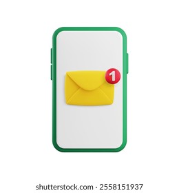 Cartoon 3d New message icon. Realistic 3d render envelope with notification sign on smartphone screen. Email incoming message notification. Cute unread mobile mail symbol. Vector illustration.