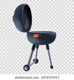 Cartoon 3d open barbeque grill isolated on transparent background. Realistic bright cooking bbq device. Vector illustration.