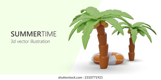 Cartoon 3d palm trees, beach and lifebuoy. Advertising poster for travel company with place for text. Vacation, summer holidays, trip to beach concept. Colorful vector illustration
