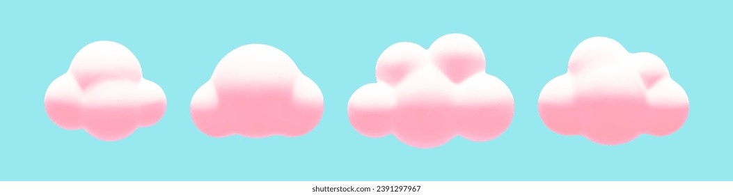 Cartoon 3d pastel pink fluffy clouds set. Vector soft dream cloud on blue background. 3d Render bubble shape, round geometric cumulus illustration for design, game, app.