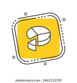 Cartoon 3d pie chart icon vector illustration. Analysis icon on isolated yellow square background. Statistics sign concept.