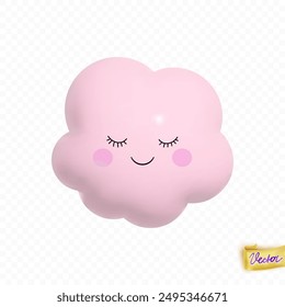 Cartoon 3d pink cloud with a smiling face. The cloud is soft and fluffy, and it looks like it's sleeping