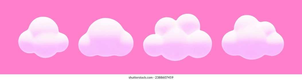 Cartoon 3d pink fluffy clouds set. Vector soft dream cloud on pink background. 3d Render bubble shape, round geometric cumulus illustration for design, game, app.