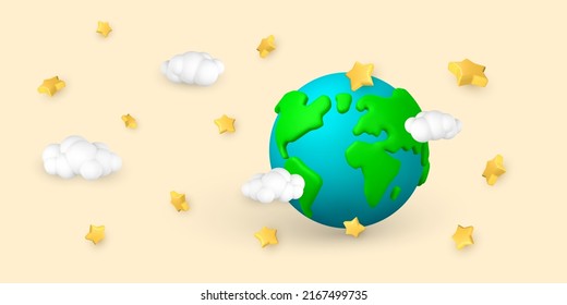 Cartoon 3d planet Earth with cloud and star in minimal style. Vector illustration.