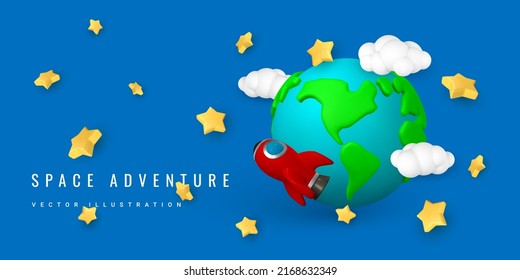 Cartoon 3d Planet Erde mit Raketenraumschiff, Wolke und Stern im minimalen Stil. Vektorgrafik.