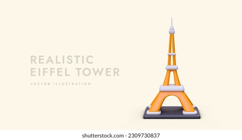 Cartoon 3D Poster mit realistischem Eiffelturm und Platz für Text. Werbeplakat für Reiseunternehmen. Entdecken Sie Frankreich, Paris Konzept. Farbige Vektorgrafik mit warmem Hintergrund