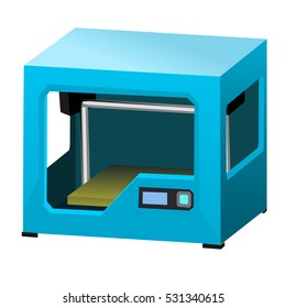 Cartoon 3d printer isolated on white background closeup. Vector illustration.
