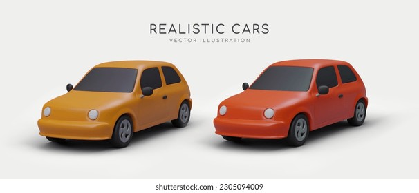 Caricatura 3d automóviles realistas. Concepto moderno de transporte urbano. Cartel de la empresa de venta y alquiler de coches. Ilustración vectorial colorida en colores rojo y naranja sobre fondo gris