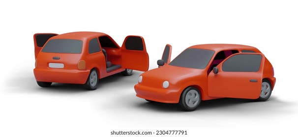 Cartoon 3d realistic cars with open doors in different positions. City transport concept. Poster for automobile sales and rental company. Vector illustration in red colors