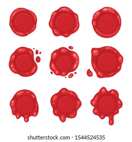 Cartoon 3d red old wax stamps vector icons.  Empty seals symbol of quality, warranty and security. Sealing label set.