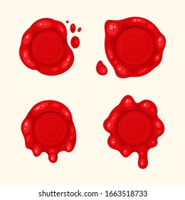 Cartoon 3d red old wax stamps vector icons. Empty seals symbol of quality, warranty and security. Sealing label set